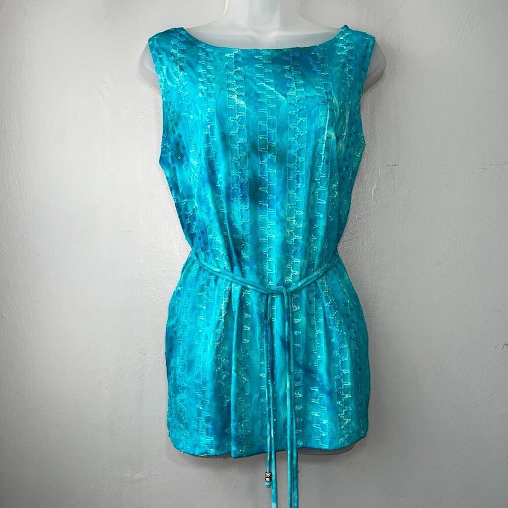 Y2K Sz Large Blue Embroidered Stretch Sleeveless Belted Tunic Top Fairy Festival